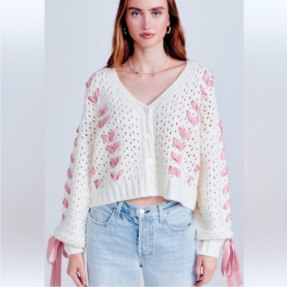 Final price! NWT For Love and Lemons Bow detail cardigan in pink &amp; white - X